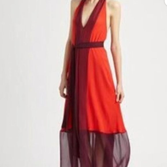 Haute Hippie Halter Silk Maxi Dress S Red Plum with belt - New - Picture 1 of 9